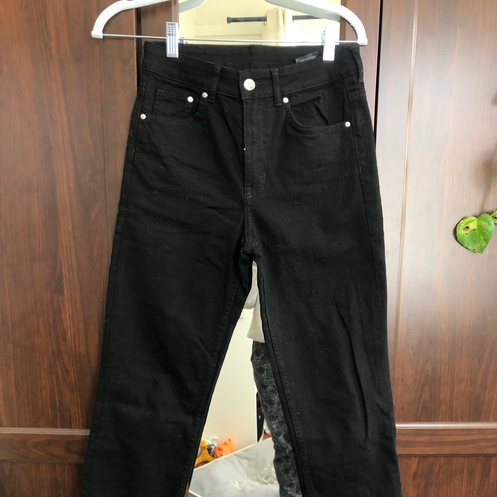 Black straight leg high rise jeans